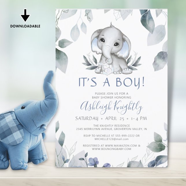 Invitation Elephant Blue Boy Baby shower Aquarelle Verdure (Créateur téléchargé)