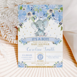 Invitation Elephant Blue Floral Baby shower bébé garçon