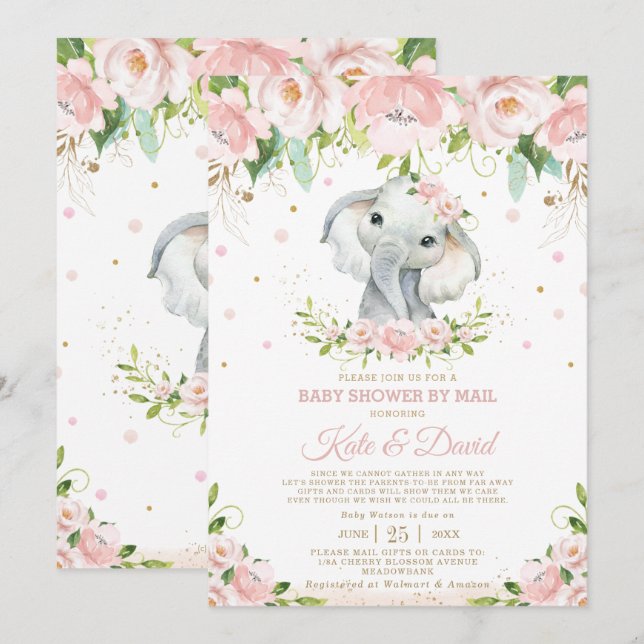 Invitation Eléphant Blush Floral Baby shower virtuel par cour (Devant / Derrière)