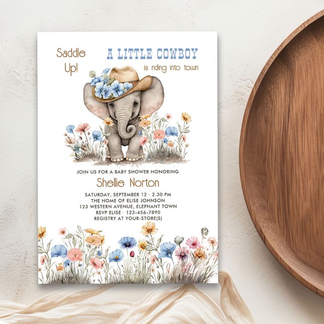 Invitation Eléphant Boho Cowboy avec Baby shower Fleur sauvag (Little Cowboy invitation from the Boho Elephant Baby Shower Collection by Darling & May)