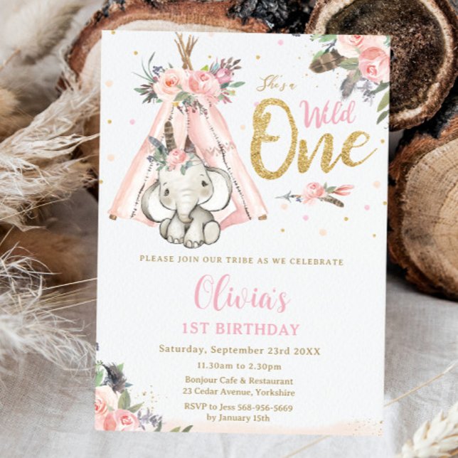 Invitation Eléphant Boho Tribal Pink Wild Un 1er anniversaire (Créateur téléchargé)