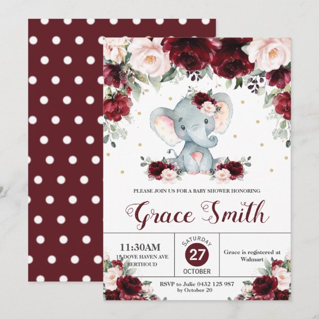 Invitation Elephant Bourgogne Blush Floral Baby shower Girl (Devant / Derrière)