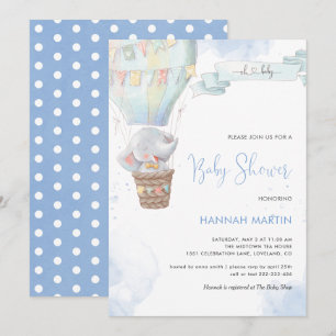 Invitation Elephant Boy Blue Balloon mignon Baby shower