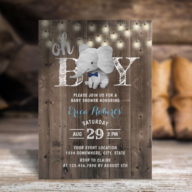 Invitation Elephant Boy Rustic Grange Baby shower en bois (Créateur téléchargé)