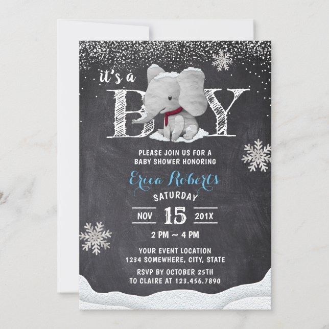 Invitation Elephant Boy Rustic Winter Snowflakes Baby shower (Devant)