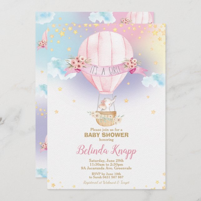 Invitation Éléphant chaud de douche de bébé de ballon à air (Devant / Derrière)