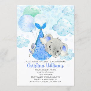 Invitation Elephant Cub Cute Boy Baby shower Blue