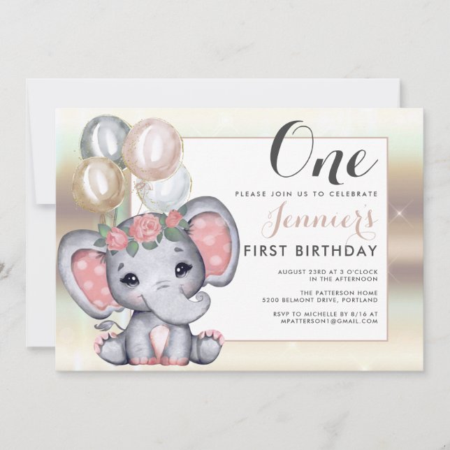 Invitation Éléphant de bébé floral mignon avec ballons (Devant)