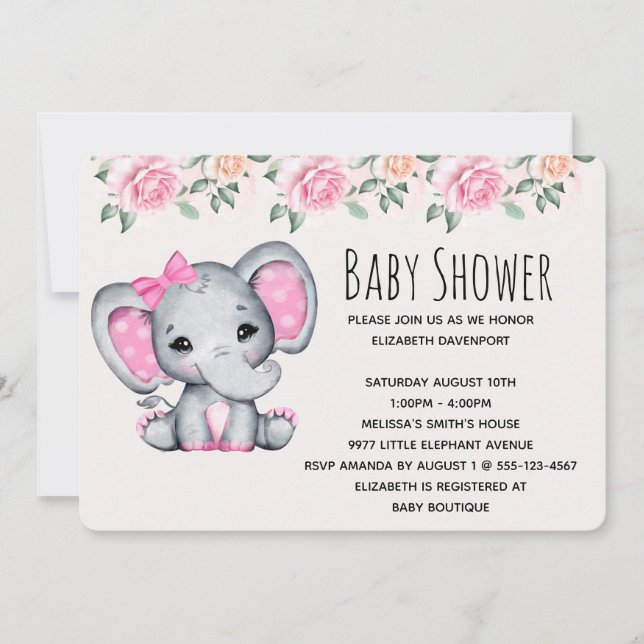Invitation Eléphant de bébé rose et Baby shower frontalier Ro (Devant)