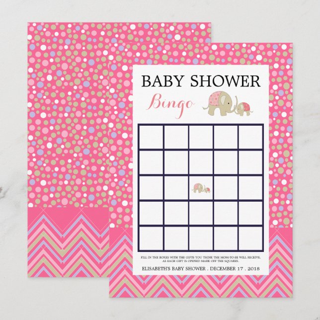 Invitation Eléphant de Bohême Rose et Baby shower Chevron Bin (Devant / Derrière)