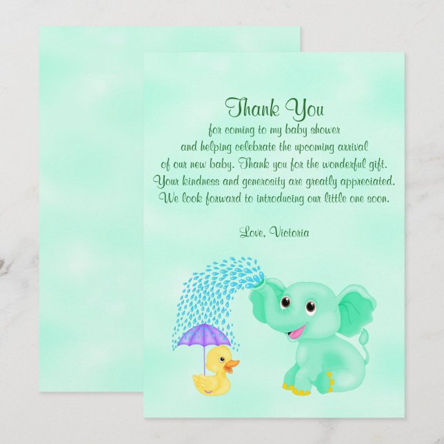 Invitation Éléphant de neutre de genre de Merci de baby (Devant / Derrière)