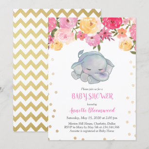 Invitation Eléphant dormant mignon Baby shower floral rose