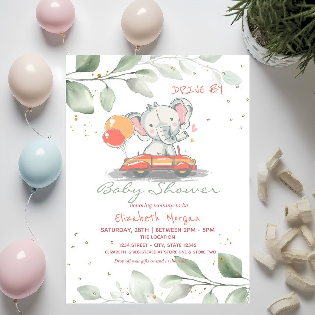 Invitation Elephant En Voiture Floral Conduire Par Baby showe (Créateur téléchargé)