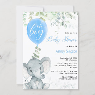 Invitation Eléphant eucalyptus ballon Oh garçon baby shower