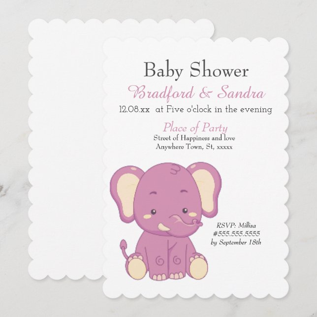 Invitation Eléphant fille rose mignonne Baby shower simple (Devant / Derrière)