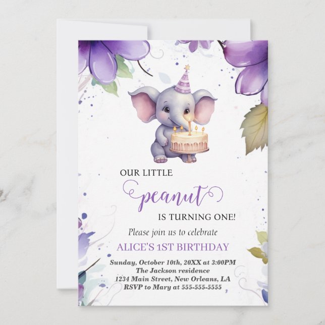 Invitation Eléphant, Fleur d'aquarelle violette, premier anni (Devant)
