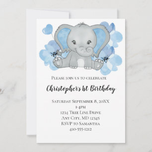 Invitation Éléphant Fleur Garçon Bleu Ballons Anniversaire I