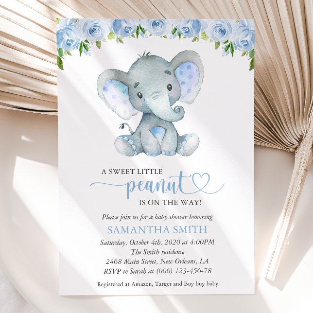 Invitation Eléphant, Fleurs d'aquarelle bleue, Baby shower (Créateur téléchargé)
