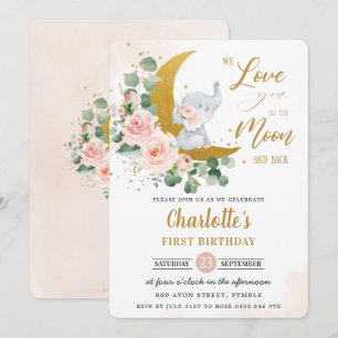 Invitation Eléphant Floral Blush 1er Anniversaire Crescent Mo