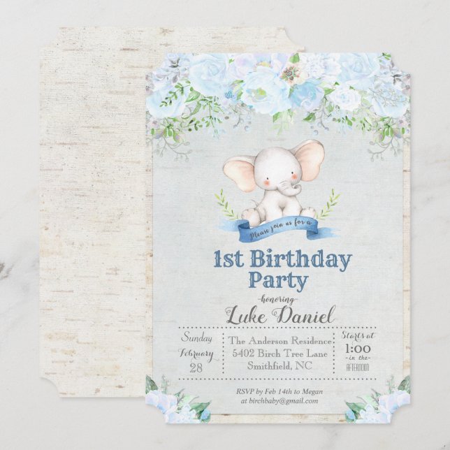 Invitation Elephant Floral Boy 1er Anniversaire Fête Invitati (Devant / Derrière)