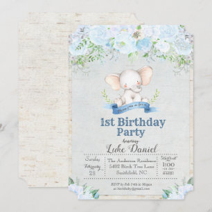 Invitation Elephant Floral Boy 1er Anniversaire Fête Invitati