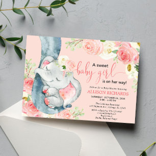 Invitation Eléphant floral doux bébé fille rose pâle crème