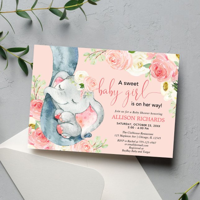 Invitation Eléphant floral doux bébé fille rose pâle crème (Créateur téléchargé)