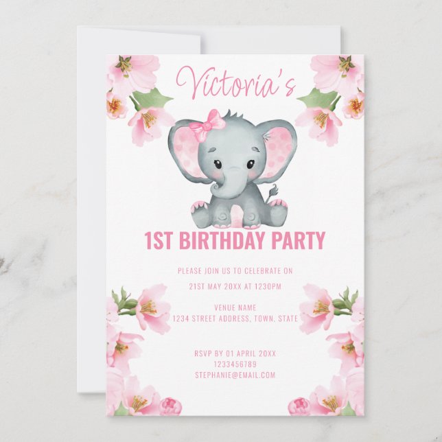 Invitation Eléphant floral rose 1er anniversaire (Devant)