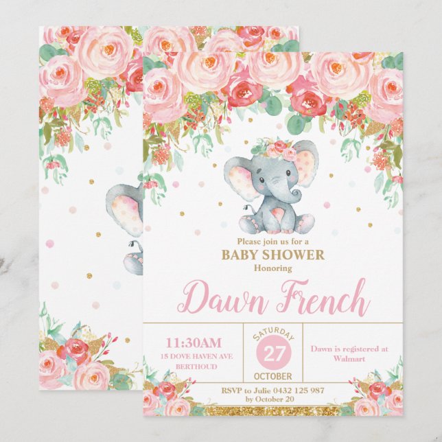 Invitation Eléphant Floral Rose mignonne Baby shower bébé fil (Devant / Derrière)
