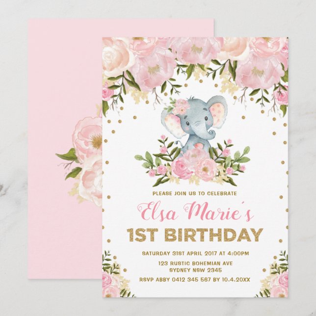 Invitation Eléphant floral rose mou 1er anniversaire (Devant / Derrière)