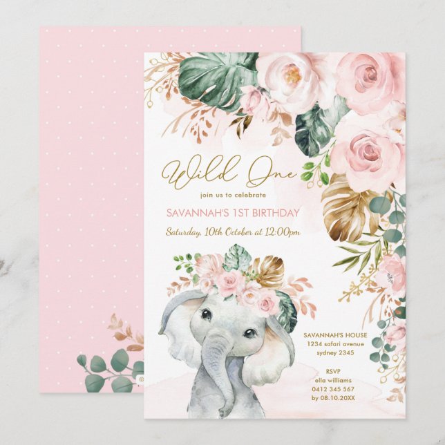 Invitation Eléphant floral rose rose pâle 1er anniversaire (Devant / Derrière)
