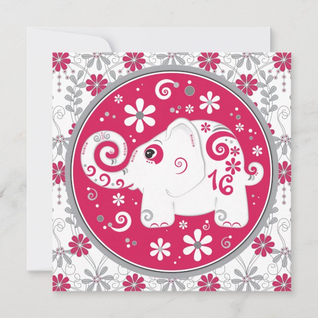 Invitation Elephant Floral Rouge Sweet 16 Anniversaire Invita (Devant)