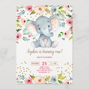 Invitation Eléphant Floral Rustic Girl 1er Anniversaire Blush