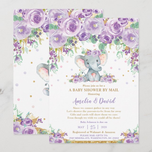 Invitation Eléphant floral violet chic par courrier (Devant / Derrière)