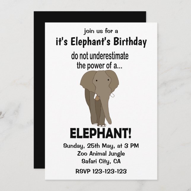 Invitation Elephant Funny mignon Elephant Anniversaire (Devant / Derrière)