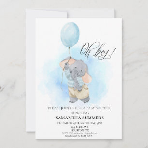 Invitation Éléphant garçon aquarelle ballon bleu 