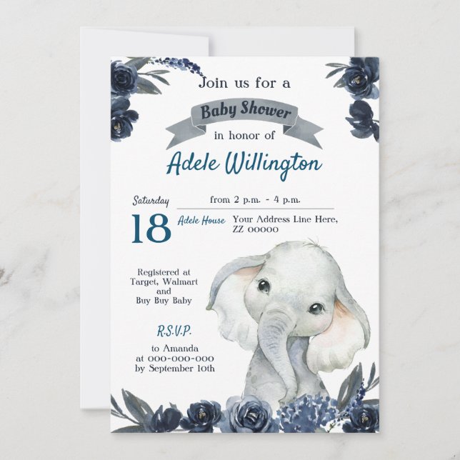 Invitation Elephant Garçon Aquarelle Floral Marine Bleu Bébé  (Devant)