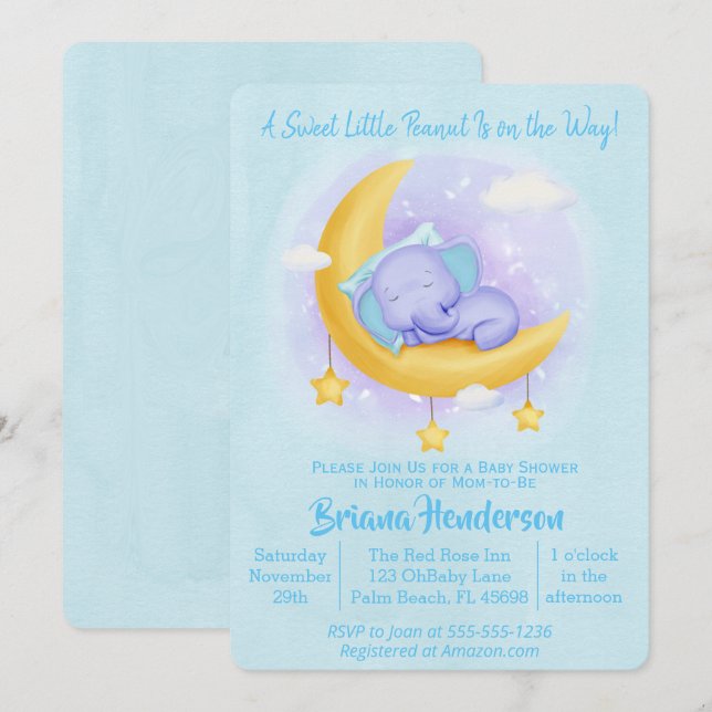 Invitation Elephant Garçon Sweet Petit Baby shower de cacahuè (Devant / Derrière)