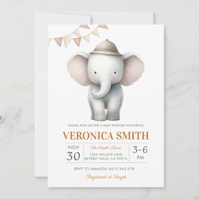 Invitation Elephant Gender Neutral Baby Shower  (Devant)