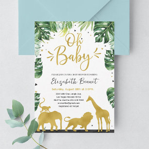 Invitation Elephant Giraffe Wild One Jungle Baby shower d'or