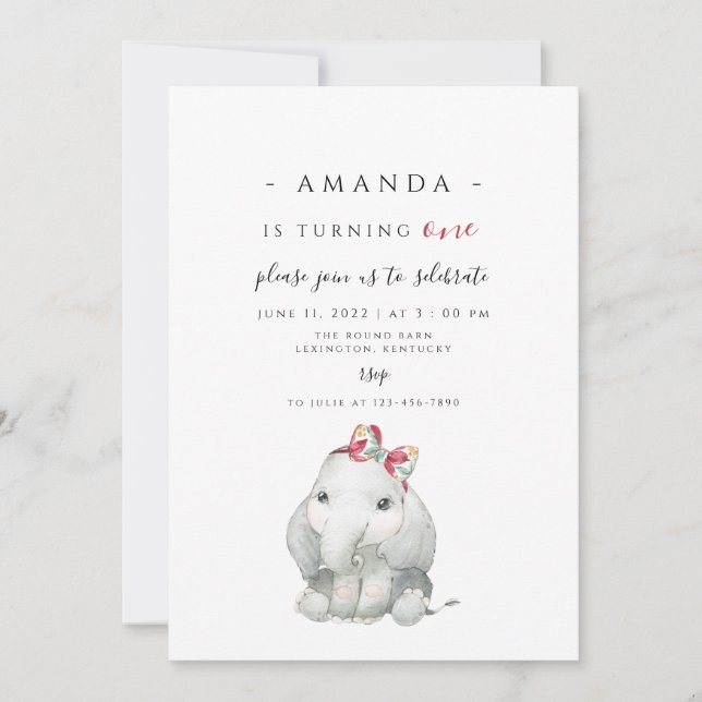 Invitation Elephant Girl First Birthday, éléphant tournant un (Devant)