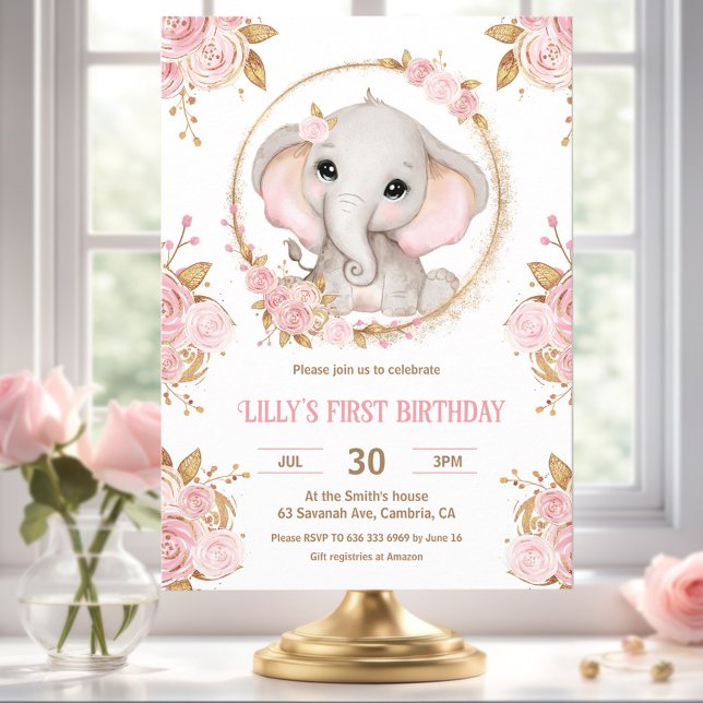 Invitation Elephant Girl rose Floral 1er anniversaire Invitat (Elephant Girl Pink Floral 1st Birthday Invitation)