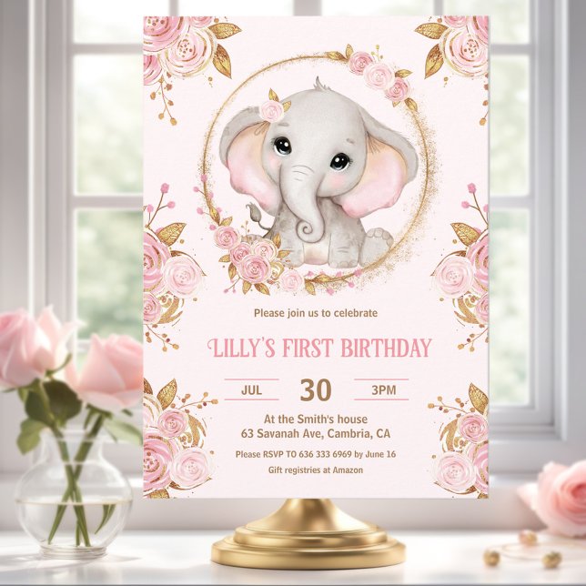 Invitation Elephant Girl rose Floral 1er anniversaire Invitat (Elephant Girl Pink Floral 1st Birthday Invitation)