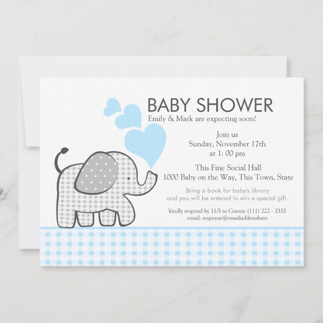 Invitation Elephant Grey En vichy Baby shower (Devant)