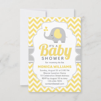 Invitation Eléphant gris jaune mignon Baby shower neutre
