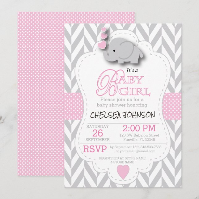 Invitation Eléphant gris rose, blanc 🐘 Baby shower (Devant / Derrière)