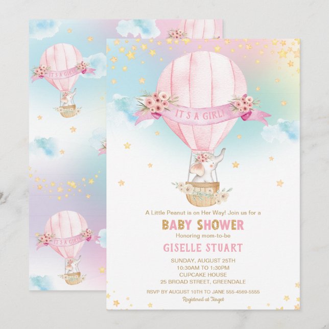 Invitation Elephant Hot Air Balloon Baby shower fille (Devant / Derrière)