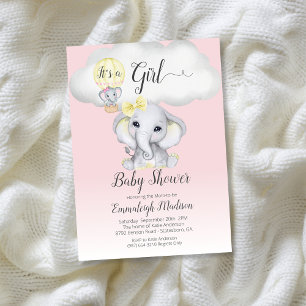Invitation Elephant Hot Air Balloon Girl Baby shower   Rose I
