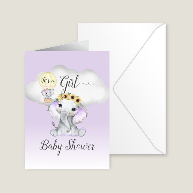 Invitation Elephant Hot Air Balloon Girl Baby shower | Violet (Créateur téléchargé)