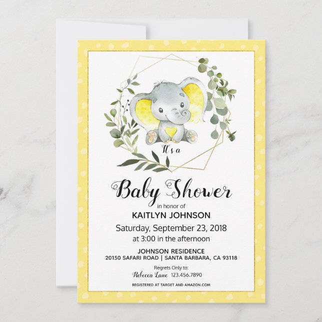 Invitation Eléphant jaune Baby shower moderne (Devant)